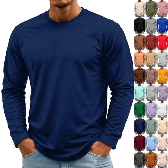 Men's T-Shirt Long Sleeve Crew Neck Casual Soft Basic Tee Shirts Dark Blue L
