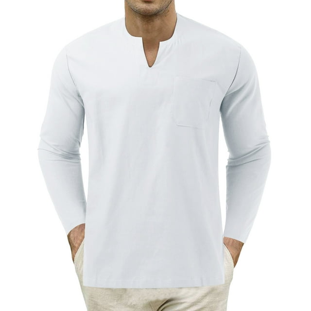 Men's T-Shirt Long Sleeve Slim Tie Collarless Pocket Solid Color T ...