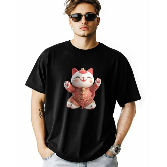 Men's T-Shirt Lucky Cat Short Sleeve Casual Tee Classic Crew Neck T-Shirt for Men, L