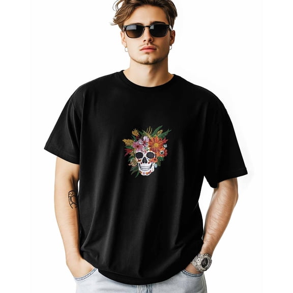 Men's T-Shirt Mexican Colored Flower Skull Skeleton Short Sleeve Casual Tee Classic Crew Neck T-Shirt for Men, 2XL