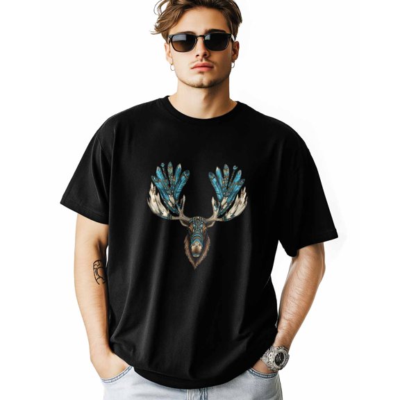 Men's T-Shirt Moose Head Feathers American Native Short Sleeve Casual Tee Classic Crew Neck T-Shirt for Men, L