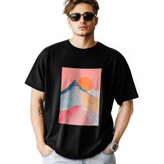 Men's T-Shirt Mountain Sun Retro Abstract Illustration Short Sleeve Casual Tee Classic Crew Neck T-Shirt for Men, XL