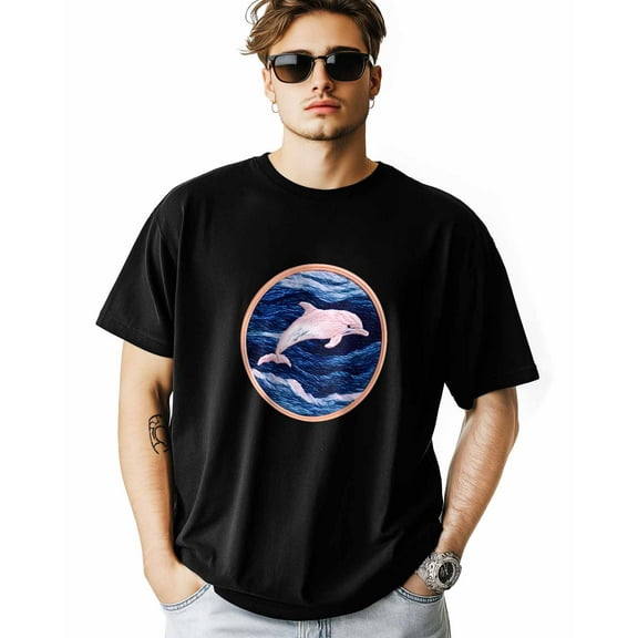 Men's T-Shirt Ocean Pink Dolphin Embroidery Short Sleeve Casual Tee Classic Crew Neck T-Shirt for Men, 2XL