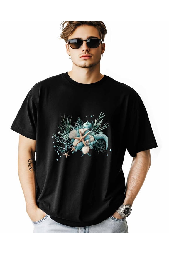Men's T-Shirt Ocean Seashell Starfish Seaweed Short Sleeve Casual Tee Classic Crew Neck T-Shirt for Men, L