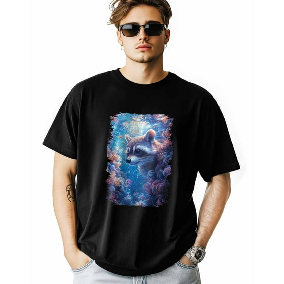 Men's T-Shirt Ocean Underwater World Coral Raccoon Short Sleeve Casual Tee Classic Crew Neck T-Shirt for Men, L