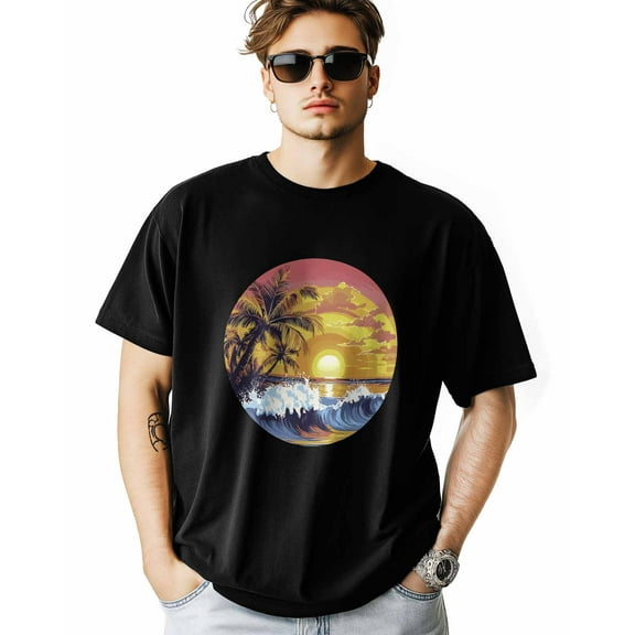 Men's T-Shirt Ocean Waves Sunset Natural Scenery Short Sleeve Casual Tee Classic Crew Neck T-Shirt for Men, XL