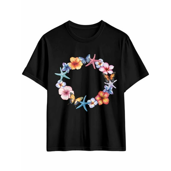 Men's T-Shirt Ocean Wreath Gardenia Floral Starfish Butterfly Short Sleeve Casual Tee Classic Crew Neck T-Shirt for Men, Black 4XL