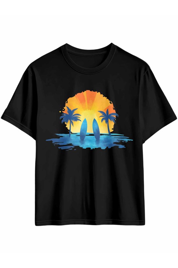 Men's T-Shirt Orange Blue Sunset Surfboard Palm Tree Simple Art Short Sleeve Casual Tee Classic Crew Neck T-Shirt for Men, 4XL