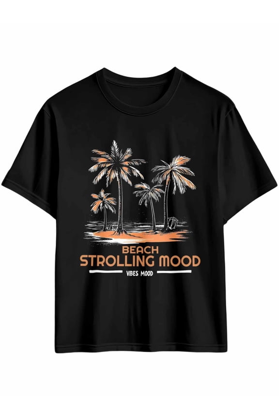 Men's T-Shirt Palm Trees BEACH STROLLING MOOD Short Sleeve Casual Tee Classic Crew Neck T-Shirt for Men, XL
