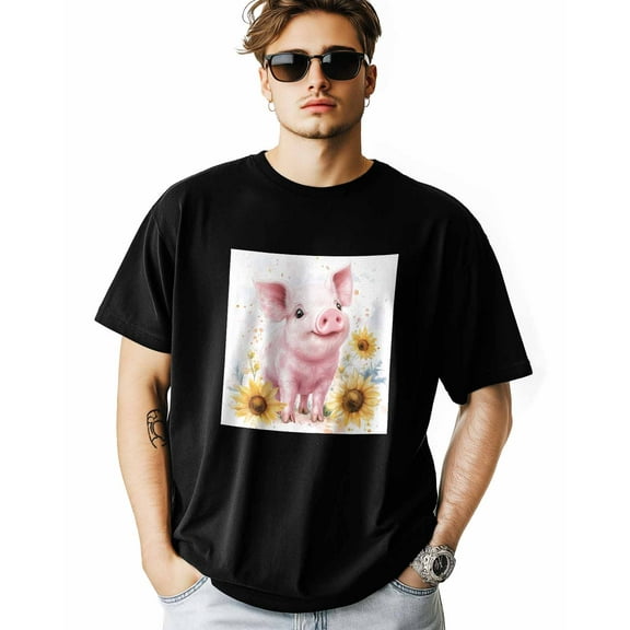Men's T-Shirt Pig Animal Watercolor Sunflower Short Sleeve Casual Tee Classic Crew Neck T-Shirt for Men, 3XL