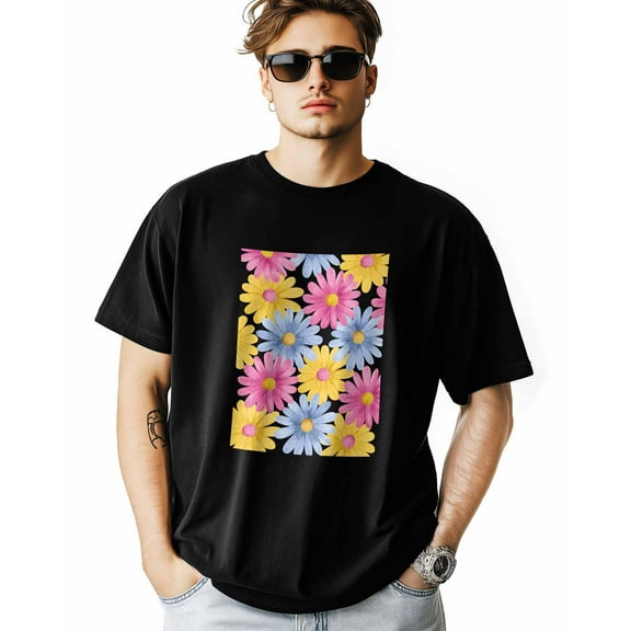 Men's T-Shirt Pink Blue Yellow Daisy Pattern Short Sleeve Casual Tee Classic Crew Neck T-Shirt for Men, M