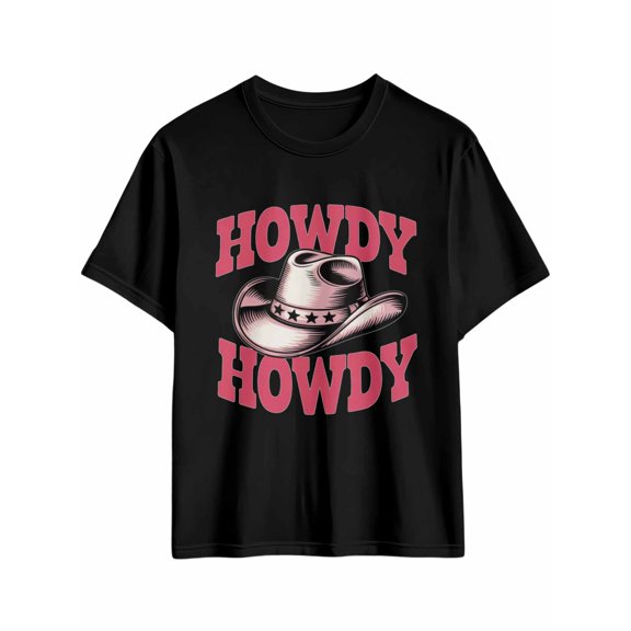 Men's T-Shirt Pink Howdy Western Cowboy Hat Short Sleeve Casual Tee Classic Crew Neck T-Shirt for Men, Black 2XL