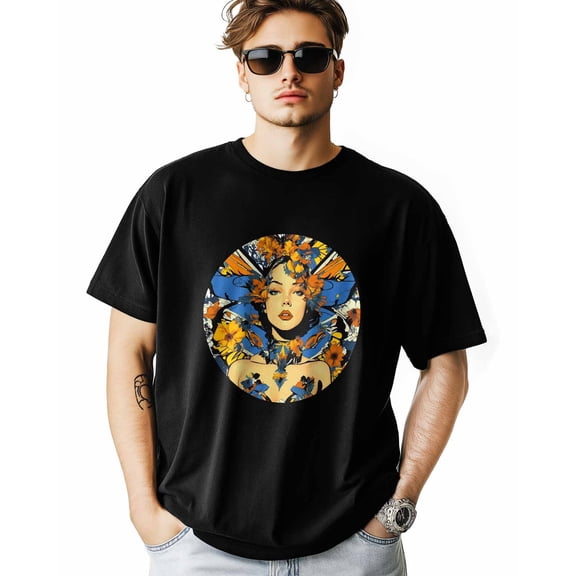 Men's T-Shirt Portrait Woman Butterfly Flowers Short Sleeve Casual Tee Classic Crew Neck T-Shirt for Men, L