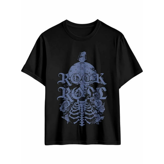 Men's T-Shirt ROCK ROLL Blue Retro Skull Guitar Rose Short Sleeve Casual Tee Classic Crew Neck T-Shirt for Men, Black 2XL