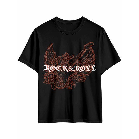 Men's T-Shirt ROCK ROLL Red Retro Guitar Wings Short Sleeve Casual Tee Classic Crew Neck T-Shirt for Men, Black M
