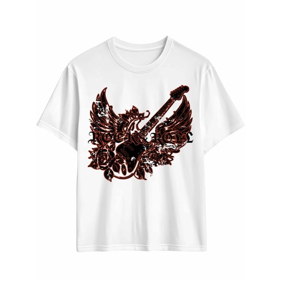 Men's T-Shirt ROCK ROLL Red Retro Guitar Wings Short Sleeve Casual Tee Classic Crew Neck T-Shirt for Men, White L