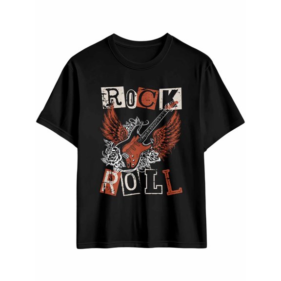 Men's T-Shirt ROCK ROLL Street Art Guitar Wings Short Sleeve Casual Tee Classic Crew Neck T-Shirt for Men, Black 2XL