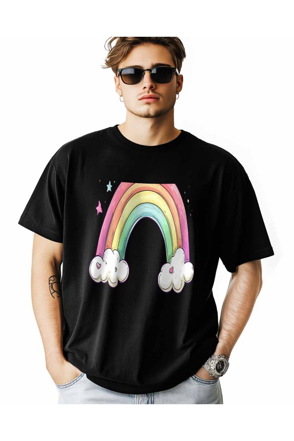 Men's T-Shirt Rainbow Cloud Stars Short Sleeve Casual Tee Classic Crew Neck T-Shirt for Men, L
