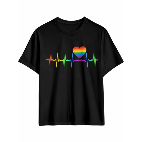 Men's T-Shirt Rainbow Love Heart V-shaped Line Short Sleeve Casual Tee Classic Crew Neck T-Shirt for Men, Black 4XL