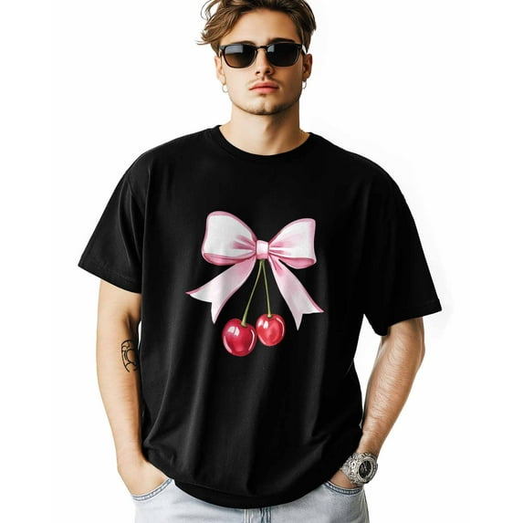 Men's T-Shirt Red Cherry with Light Pink Bow Short Sleeve Casual Tee Classic Crew Neck T-Shirt for Men, M