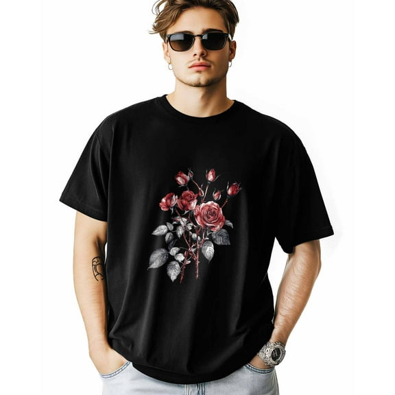Men's T-Shirt Red Rose Flower Romantic Short Sleeve Casual Tee Classic Crew Neck T-Shirt for Men, M