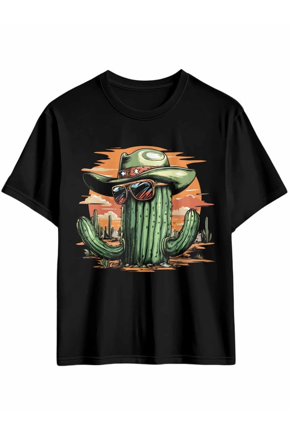 Men's T-Shirt Retro Western Cool Cactus Hat Sunglasses Sunset Short Sleeve Casual Tee Classic Crew Neck T-Shirt for Men, L