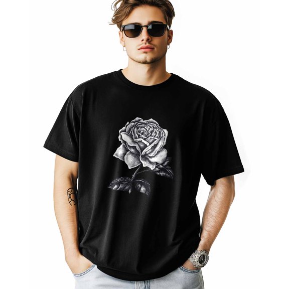 Men's T-Shirt Rose Hand Drawn Graffiti Streetwear Short Sleeve Casual Tee Classic Crew Neck T-Shirt for Men, L