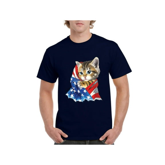 Men's T-Shirt Short Sleeve - American Flag 4th of July Kitty