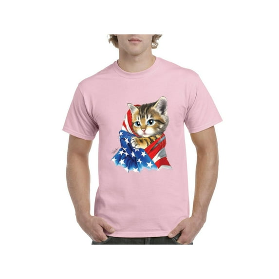 Men's T-Shirt Short Sleeve - American Flag 4th of July Kitty