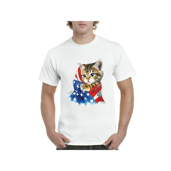 Men's T-Shirt Short Sleeve - American Flag 4th of July Kitty