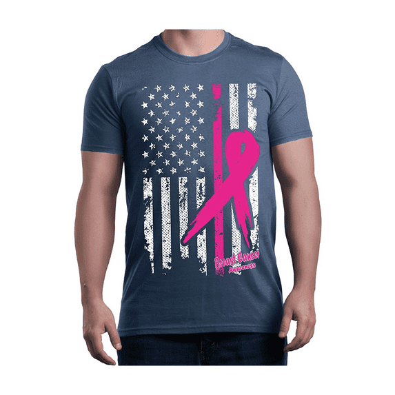 Men's T-Shirt Short Sleeve - Cancer Ribbon American Flag
