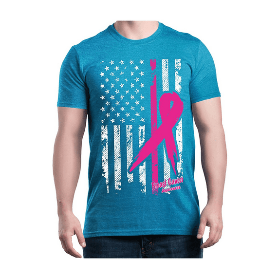 Men's T-Shirt Short Sleeve - Cancer Ribbon American Flag