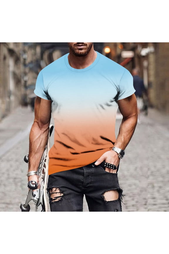 Men's T-Shirt, Short Sleeve Casual Tee with Gradient Print, Round Neck Pullover in Polyester Spandex for Daily Wear