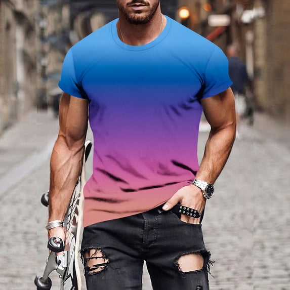 Men's T-Shirt, Short Sleeve Casual Tee with Gradient Print, Round Neck Pullover in Polyester Spandex for Daily Wear