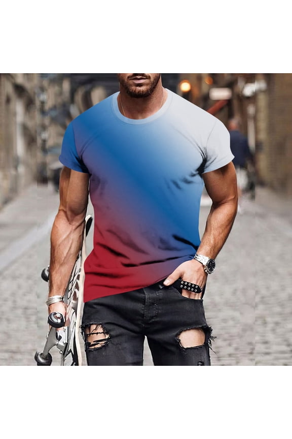 Men's T-Shirt, Short Sleeve Casual Tee with Gradient Print, Round Neck Pullover in Polyester Spandex for Daily Wear