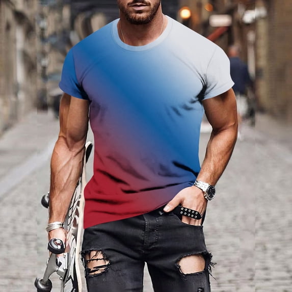 Men's T-Shirt, Short Sleeve Casual Tee with Gradient Print, Round Neck Pullover in Polyester Spandex for Daily Wear