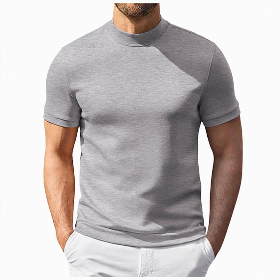 Men's T Shirt Short Sleeved Roll Neck Shirt Summer Basic Shirt Roll Neck Undershirt Athletic Gym Running Lightweight Performance Tee Top XXXXL Light Gray Men's Short Sleeved T Shirt