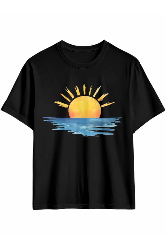 Men's T-Shirt Simple Art Orange Blue Sunset Ocean Wave Short Sleeve Casual Tee Classic Crew Neck T-Shirt for Men, L