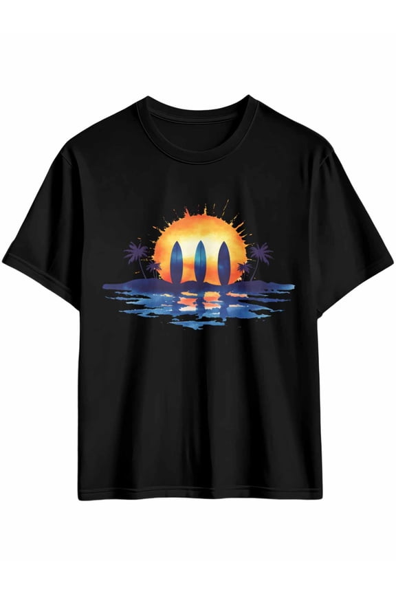 Men's T-Shirt Simple Art Orange Blue Sunset Surfboard Palm Tree Short Sleeve Casual Tee Classic Crew Neck T-Shirt for Men, 2XL