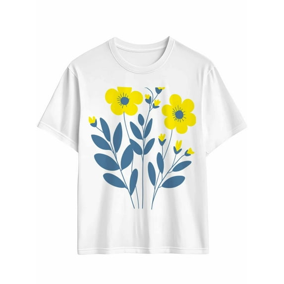 Men's T-Shirt Simple Cartoon Yellow Blue Flowers Short Sleeve Casual Tee Classic Crew Neck T-Shirt for Men, White M