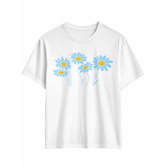 Men's T-Shirt Simple Light Blue Yellow Daisy Floral Short Sleeve Casual Tee Classic Crew Neck T-Shirt for Men, White 4XL