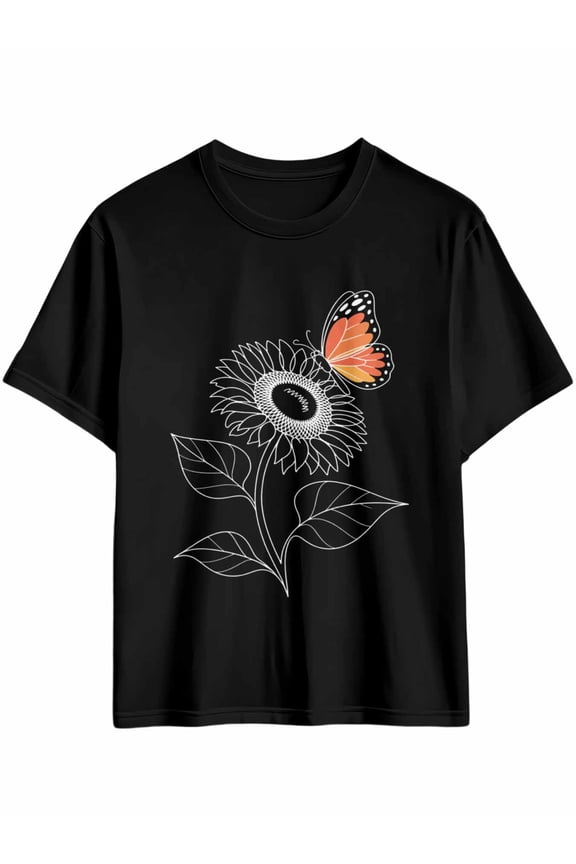 Men's T-Shirt Single Line Drawing Sunflower Butterfly Decor Short Sleeve Casual Tee Classic Crew Neck T-Shirt for Men, 4XL