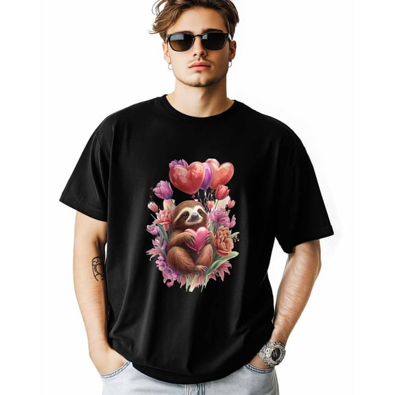 Men's T-Shirt Sloth Love Heart Balloon Flowers Short Sleeve Casual Tee Classic Crew Neck T-Shirt for Men, XL