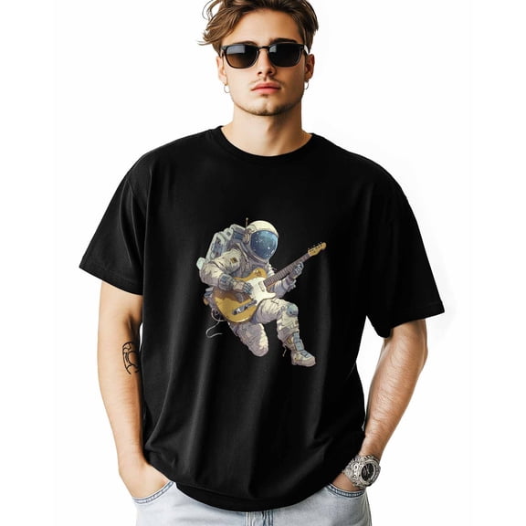 Men's T-Shirt Spaceman with Guitar Short Sleeve Casual Tee Classic Crew Neck T-Shirt for Men, L