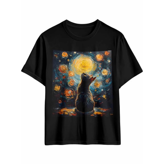 Men's T-Shirt Starry Sky Black Cat Retro Oil Painting Short Sleeve Casual Tee Classic Crew Neck T-Shirt for Men, Black M