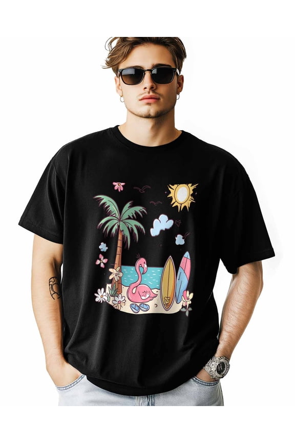 Men's T-Shirt Summer Flamingo Beach Ocean Short Sleeve Casual Tee Classic Crew Neck T-Shirt for Men, 3XL