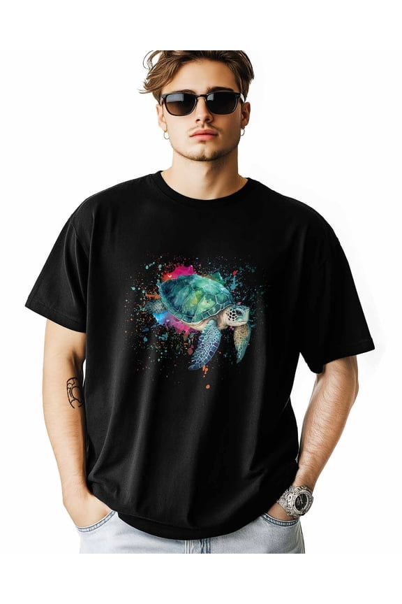 Men's T-Shirt Summer Sea Turtle Color Spraying Short Sleeve Casual Tee Classic Crew Neck T-Shirt for Men, 2XL