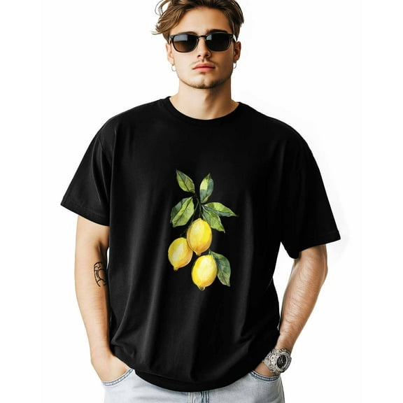 Men's T-Shirt Summer Yellow Lemon Short Sleeve Casual Tee Classic Crew Neck T-Shirt for Men, L