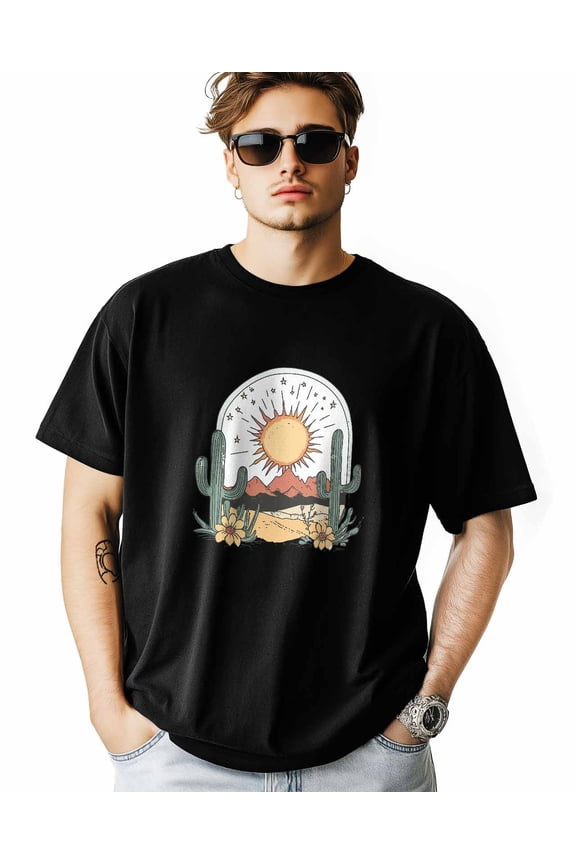 Men's T-Shirt Sun Mountain Cactus Desert Short Sleeve Casual Tee Classic Crew Neck T-Shirt for Men, XL