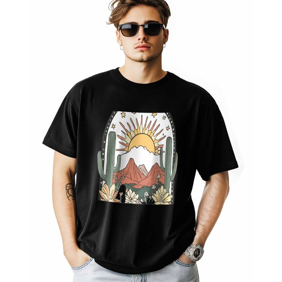 Men's T-Shirt Sun Mountain Cactus Flower Short Sleeve Casual Tee Classic Crew Neck T-Shirt for Men, 3XL